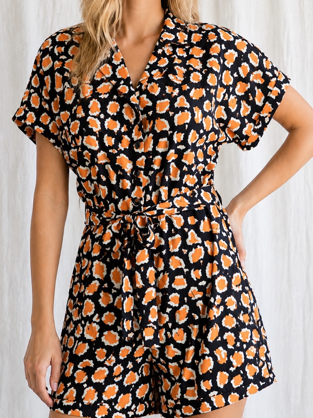 JODIFL Black & Orange Printed Short Sleeve Romper